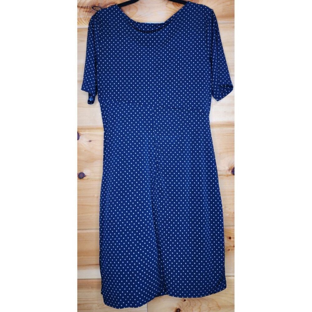 Enfocus Studio Navy Blue Gold Polka Dot Sleeveless Ruched Dress Size 14 Petite - Picture 10 of 10